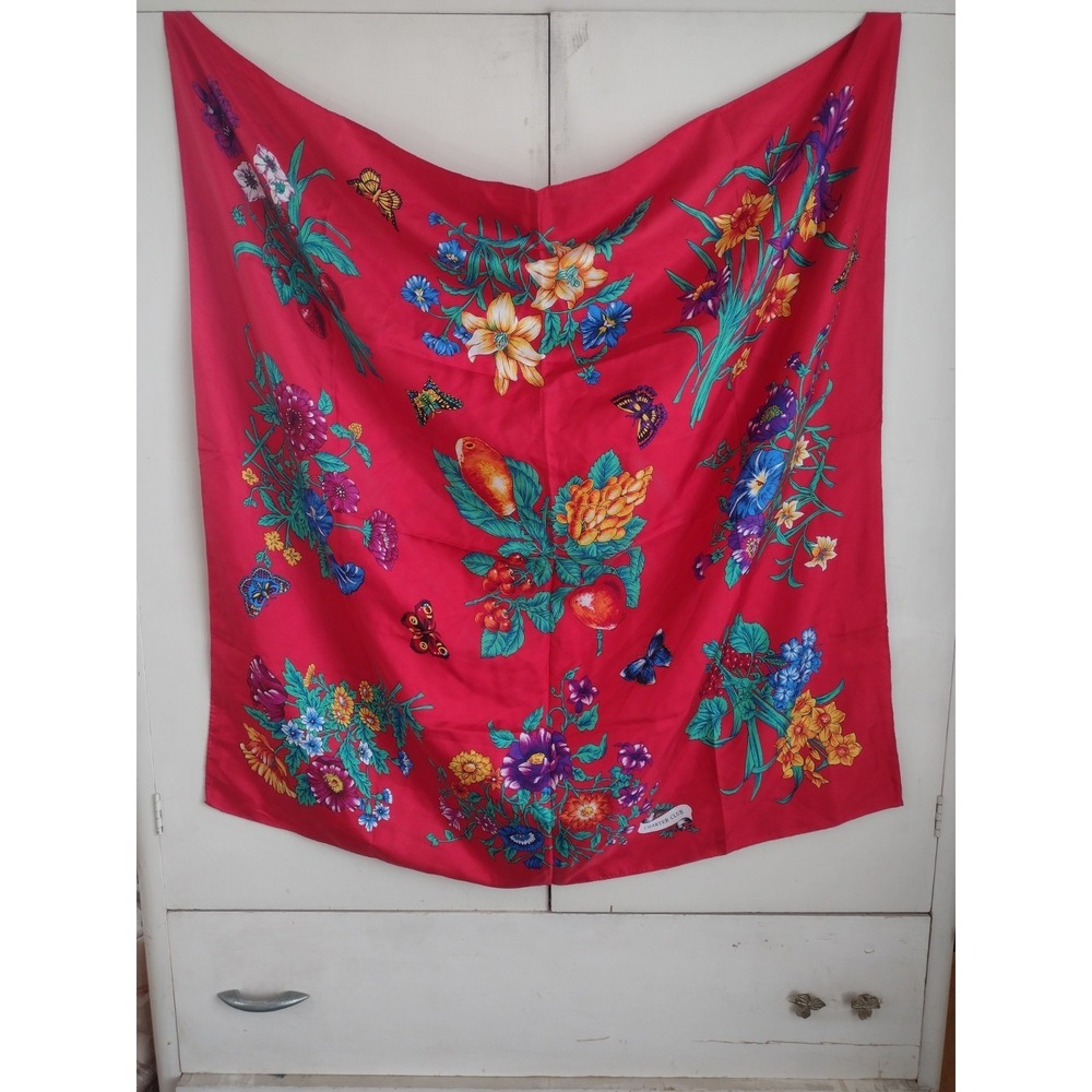 Vtg Red Floral Silk Square Charter Club Scarf Daffodils Fruit Maximalists Bold
